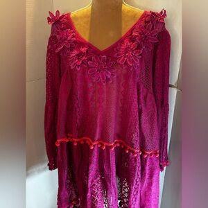 Vibrant Pink Lace Beach cover up with Floral Accents